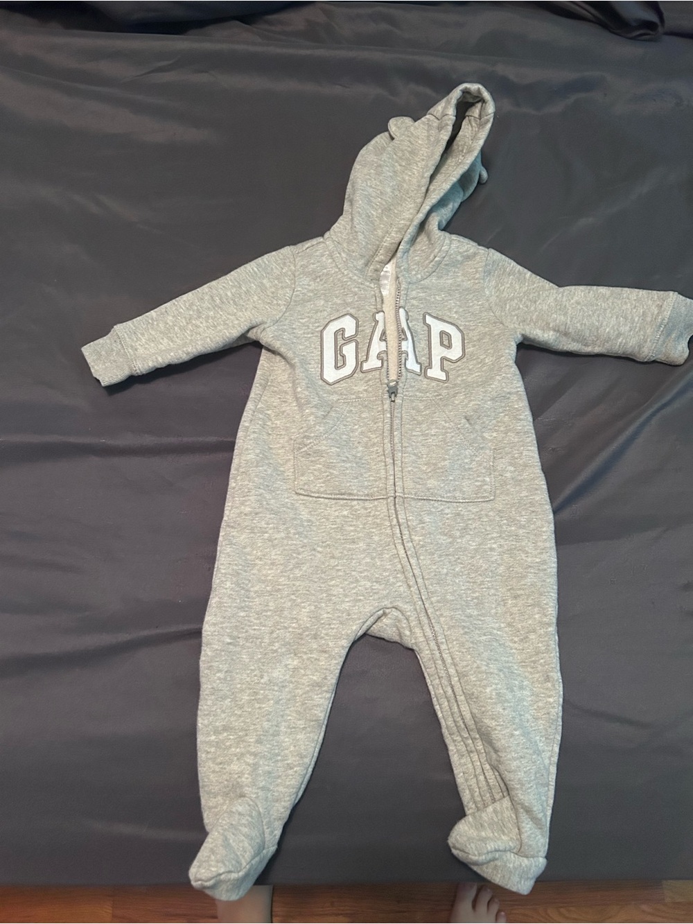 GAP Heather Gray Hooded One-Piece Romper with Logo